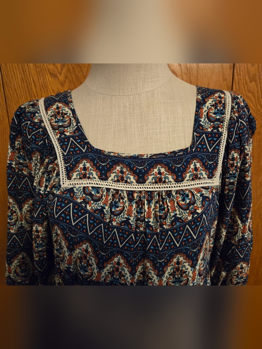 UMGEE Boho Navy Floral Square-Neck Mini Dress With Pockets. Size Large. - Picture 2 of 11